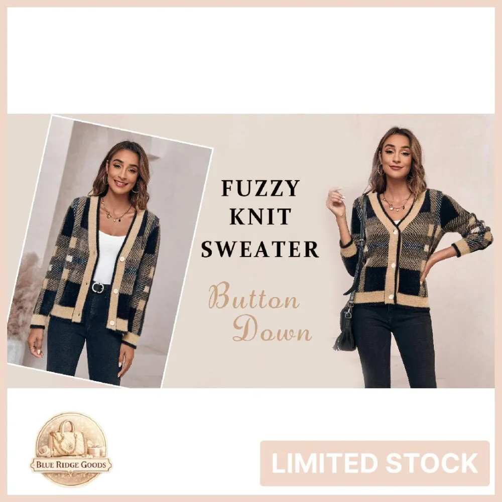 Plaid Fuzzy Knit V-Neck Cardigan Cozy Oversized Chic Fall Pullover - Picture 8 of 8